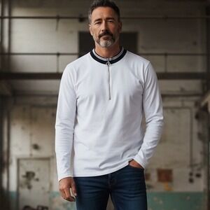 Reiss Monty Mens White Pique Cotton Long Sleeve Quarter Zip Polo Shirt‎ Large